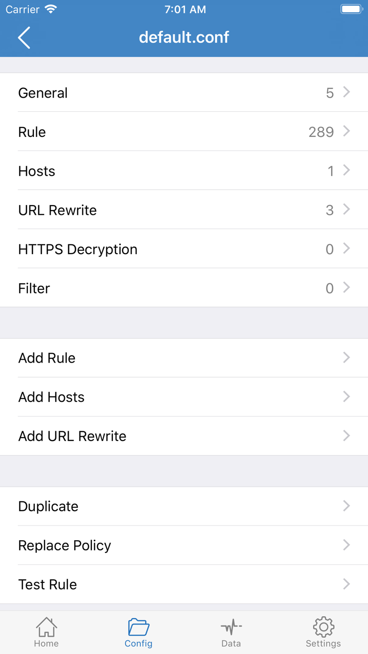 Shadowrocket 的 Config 配置编辑页面，显示 General、Rule、Hosts、URL Rewrite、HTTPS Decryption 分段及 Add Rule