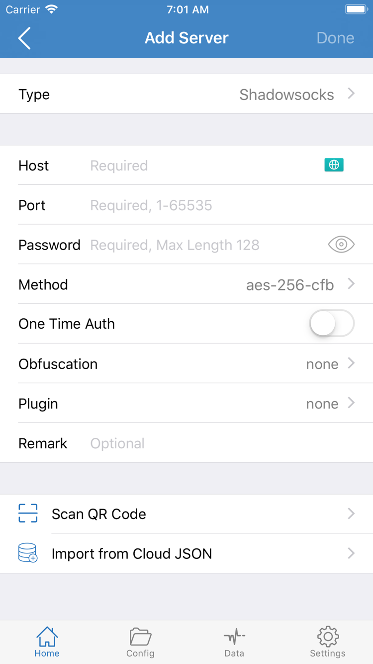 Shadowrocket 的 Add Server 页面，显示 Type、Host、Port、Password、Method，以及底部 Scan QR Code 和 Import from Cloud JSON