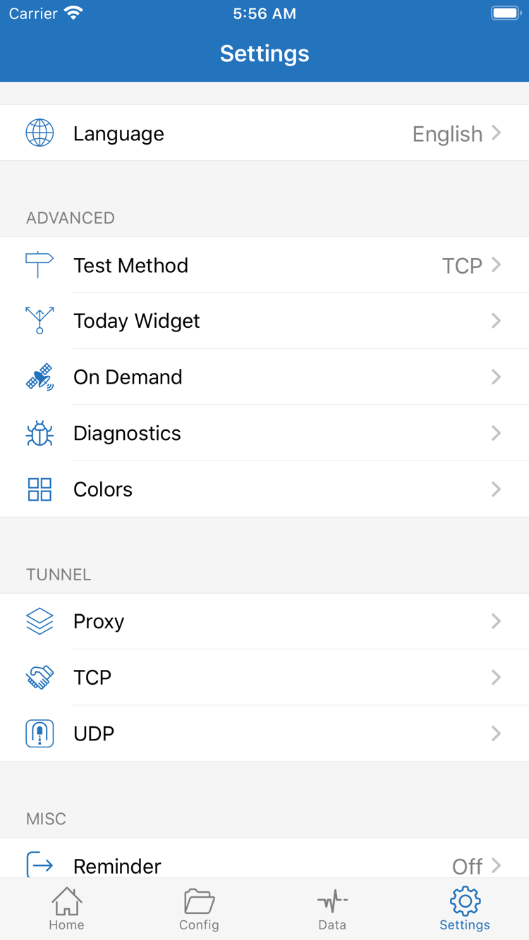 Shadowrocket 的 Settings 页面，显示 Language、Test Method、Today Widget、On Demand、Diagnostics、Proxy、TCP 和 UDP