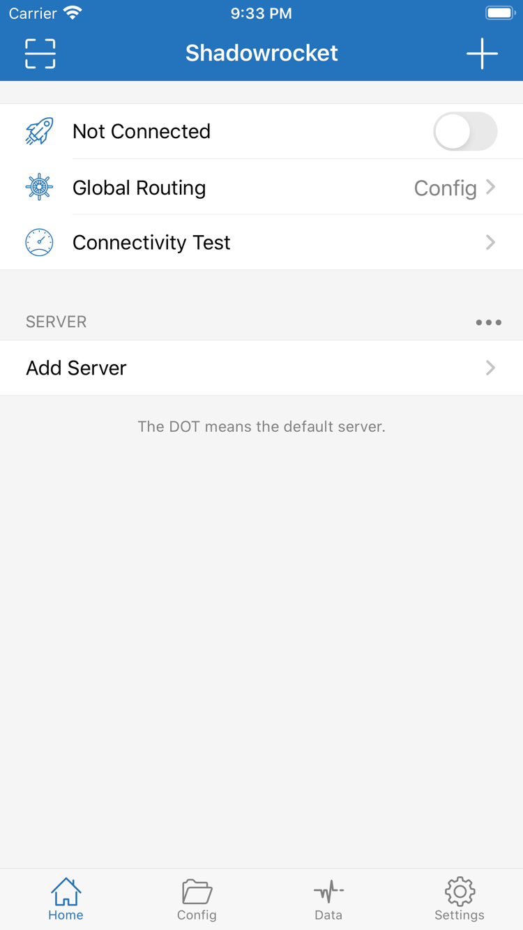 Shadowrocket 的 Home 页面，顶部为 Not Connected 开关，下方显示 Global Routing、Connectivity Test、SERVER 分组和 Add Server